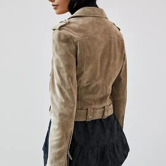 Anthropologie BLANKNYC L NWT Sueded Leather Moto Jacket Motorcycle Taupe Large - Picture 3 of 6